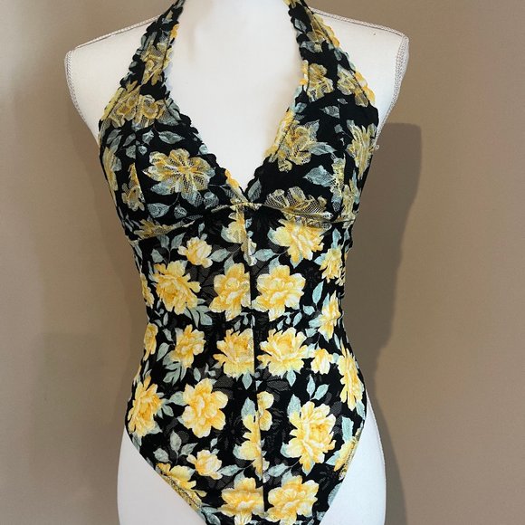PINK Victoria's Secret Tops - victoria's secret PINK black/yellow LACE THONG scallop HALTER BODYSUIT sz MEDIUM